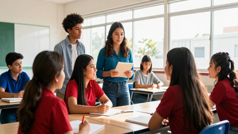 Estudiantes mexicanos colaboran en aula moderna iluminada