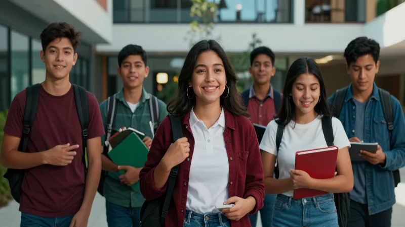 Estudiantes mexicanos felices y exitosos en campus moderno