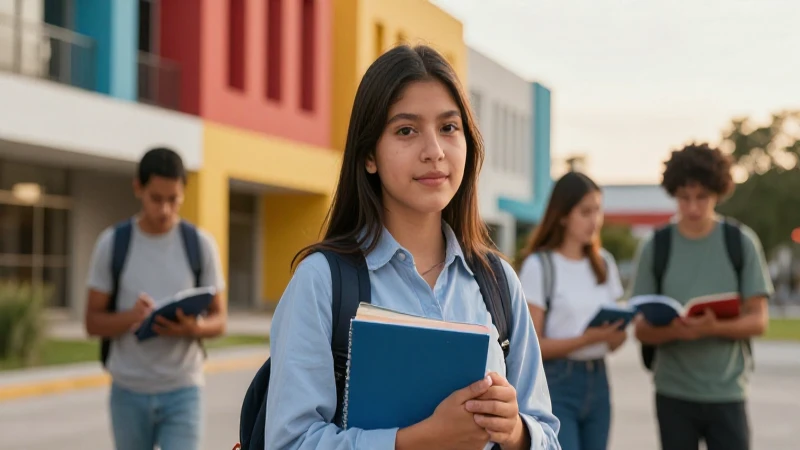 Estudiante mexicano en campus moderno y brillante