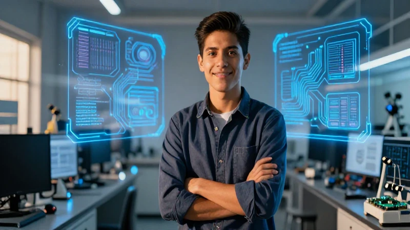 Estudiante mexicano confiado en laboratorio de alta tecnología