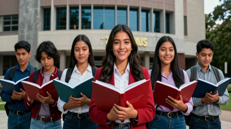Estudiantes mexicanos en campus moderno con libros