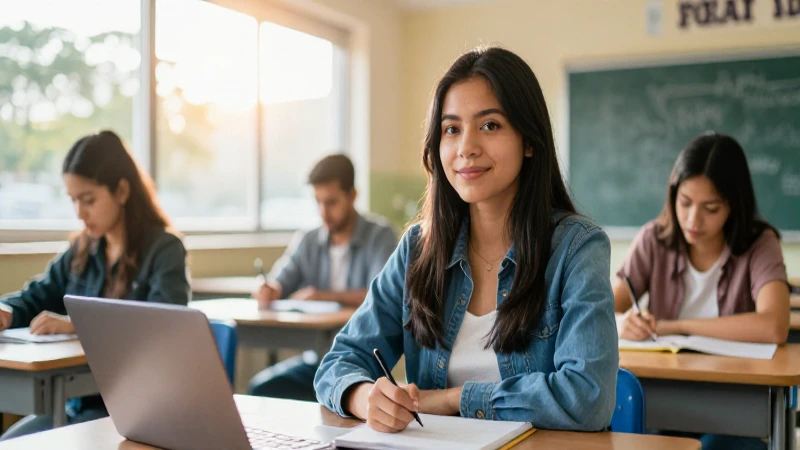 Estudiante mexicano exitoso en aula moderna