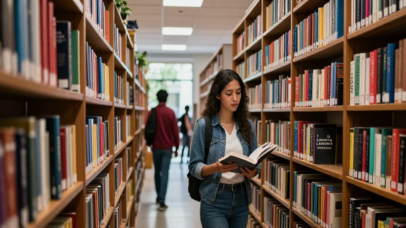 Estudiante mexicano en biblioteca universitaria vibrante
