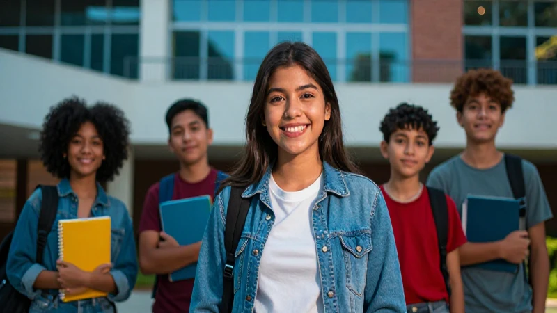 Estudiante optimista en campus moderno y vibrante