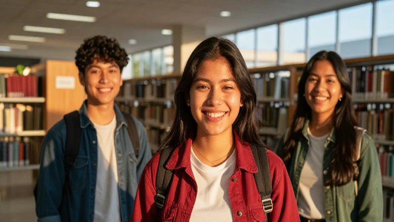 Estudiantes mexicanos en biblioteca con luz dorada