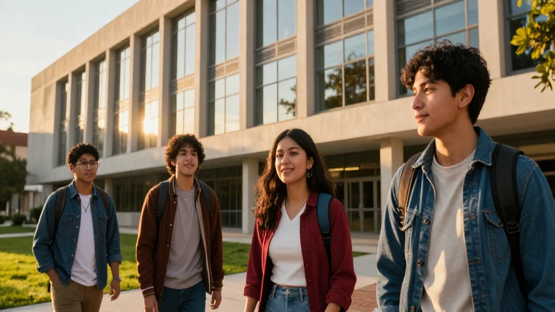Estudiantes mexicanos en campus moderno al atardecer