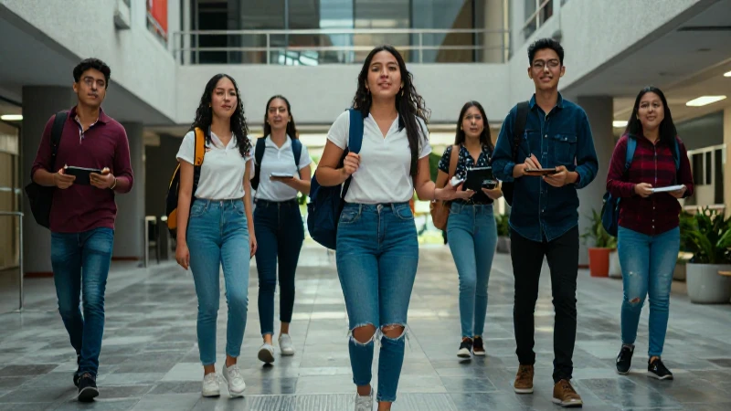 Estudiantes mexicanos vibrantes en campus moderno