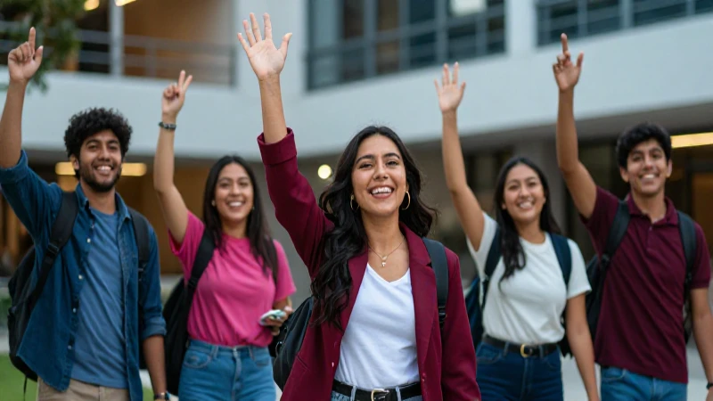 Estudiantes celebrando logros universitarios en un campus vibrante