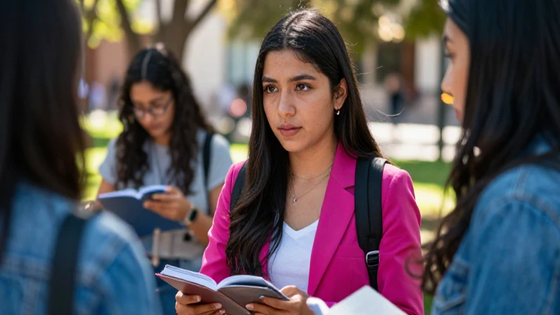 Estudiante mexicana colaborando en campus moderno