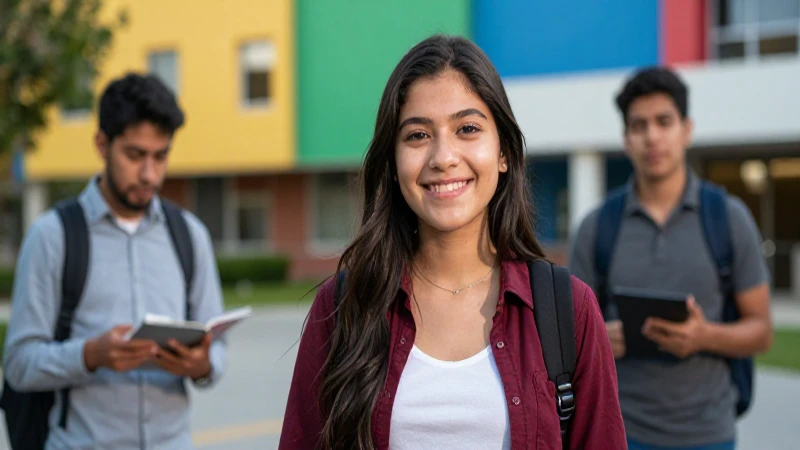 Estudiante mexicano sonríe en campus moderno