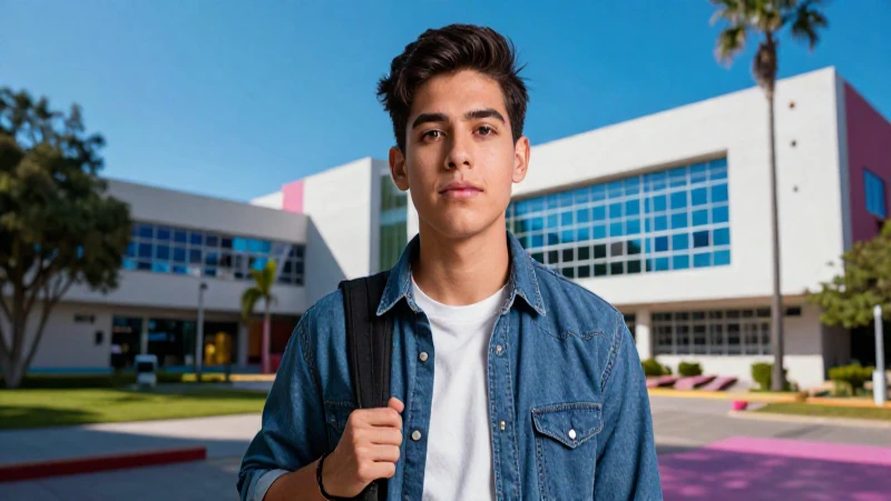 Joven estudiante mexicano en campus moderno y vibrante