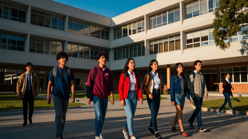 Estudiantes mexicanos en campus moderno, luz cinematográfica