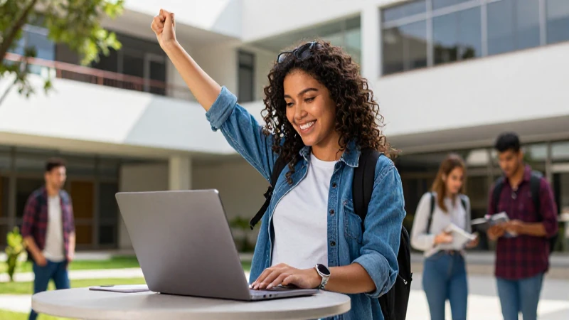 Estudiante joven mexicano estudiando con laptop en campus moderno