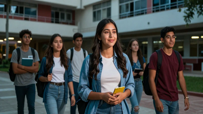 Estudiantes mexicanos exitosos en campus moderno y vibrante