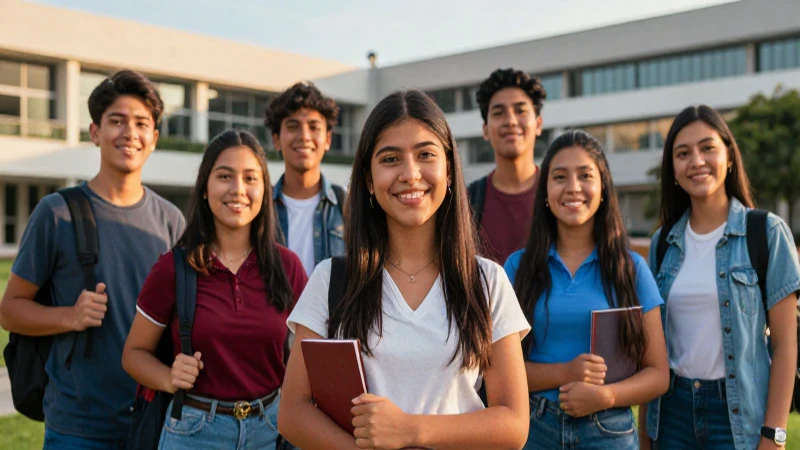 Estudiantes mexicanos sonriendo en campus dorado