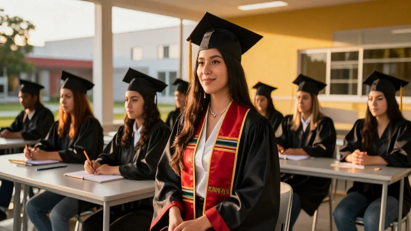 Estudiante mexicano en graduación, campus moderno, luz cálida