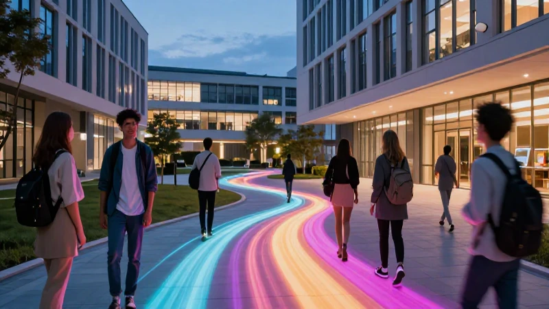 Joven busca oportunidades en campus moderno y vibrante