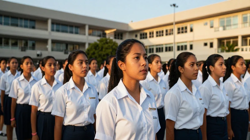 Estudiantes mexicanos en academia militar al atardecer