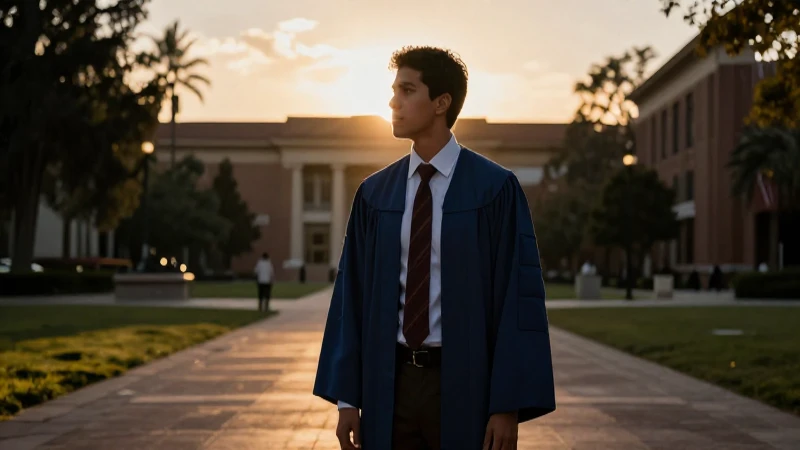 Estudiante mexicano heroico en campus con luz dramática