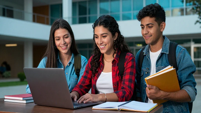 Estudiante mexicano sonriente en campus con portátil