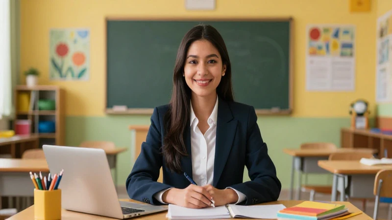 Educador mexicano en aula moderna, iluminación cinematográfica