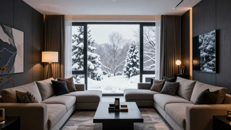 Elegante sala moderna con vista invernal nevada