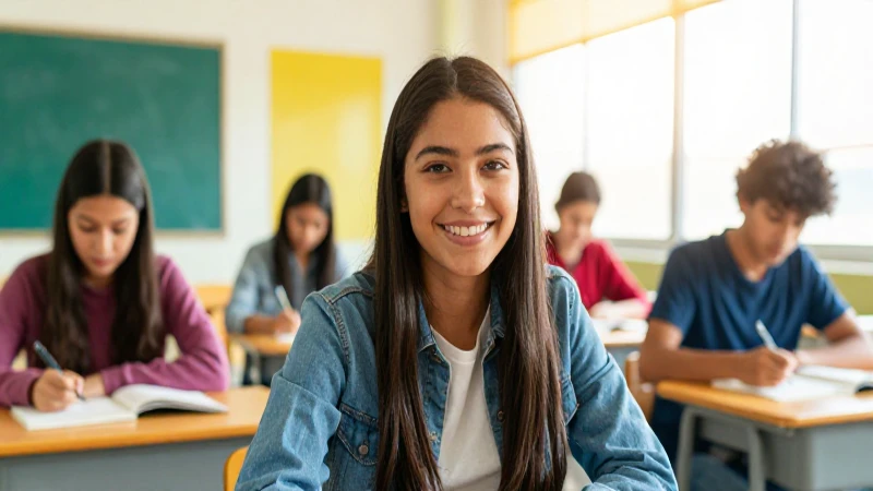 Joven mexicano sonriendo en aula luminosa