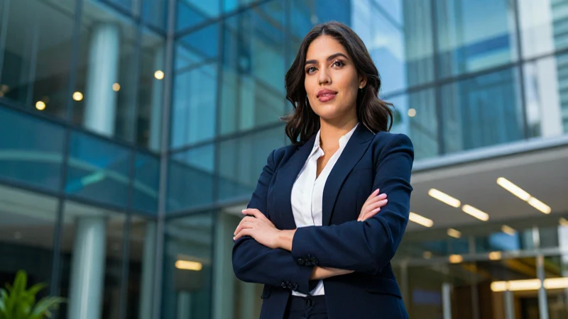 Joven empresaria mexicana profesional en un lobby corporativo moderno