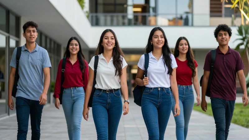 Estudiantes mexicanos pasean en campus universitario moderno