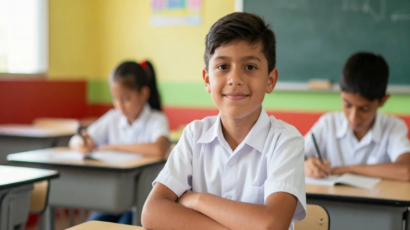 Niño mexicano en uniforme, luz brillante y colores vivos