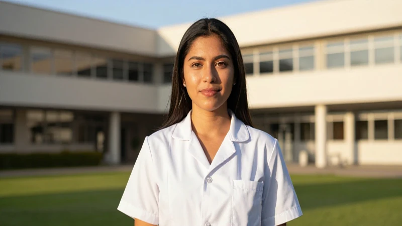 Estudiante de enfermería mexicana profesional en campus moderno