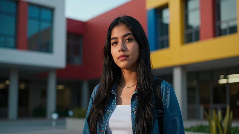 Estudiante mexicano en campus moderno y vibrante