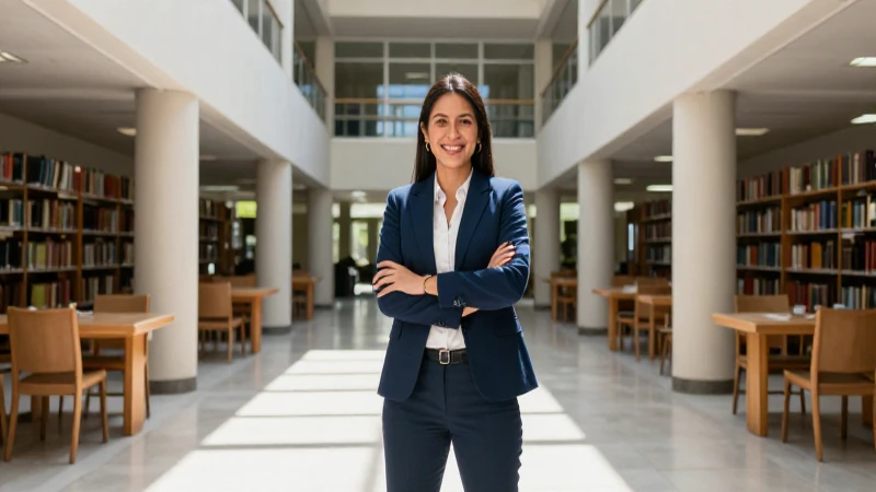 Profesora mexicana sonriente en biblioteca moderna