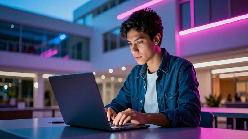 Joven mexicano estudia en campus digital vibrante
