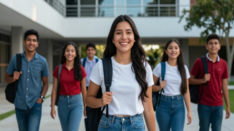 Estudiantes mexicanos sonríen en un moderno campus universitario