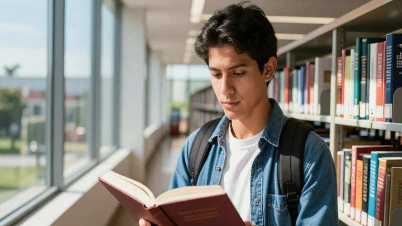 Estudiante mexicano en biblioteca con luz brillante
