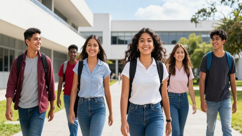 Jóvenes mexicanos sonríen en un moderno campus universitario