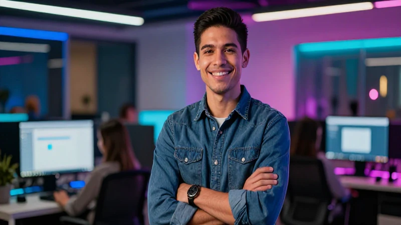 Profesional mexicano sonríe en entorno tecnológico moderno