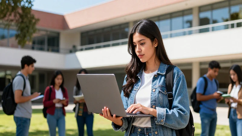 Estudiante mexicano concentrado en campus moderno