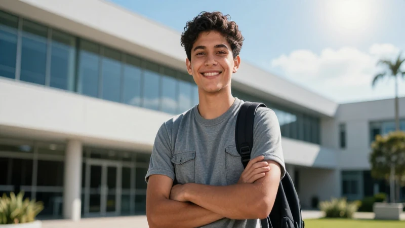 Estudiante mexicano sonríe con confianza en campus moderno