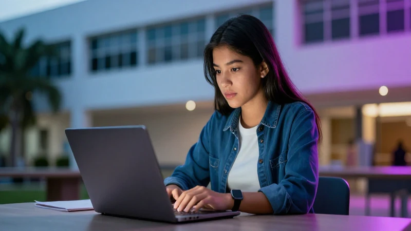 Joven mexicano estudia en campus moderno
