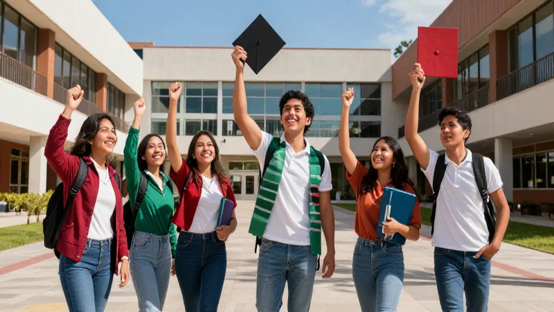 Estudiantes mexicanos celebrando logros en un campus moderno