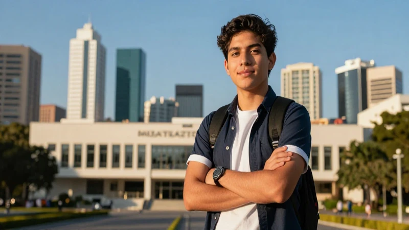 Joven estudiante mexicano en campus moderno y vibrante