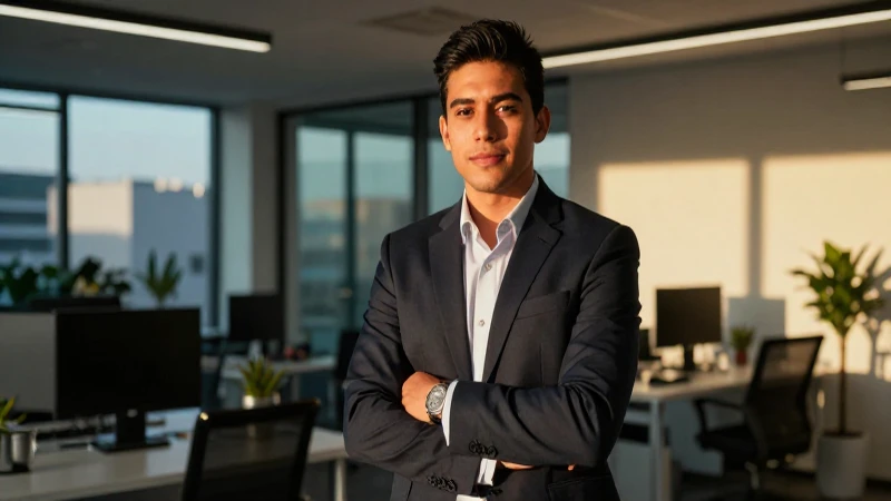 Joven profesional mexicano, ambiente corporativo vibrante