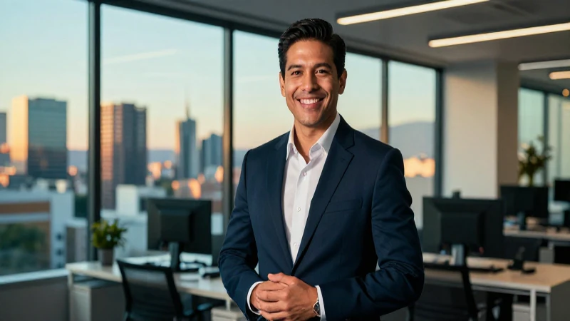Profesional mexicano sonriendo en oficina moderna