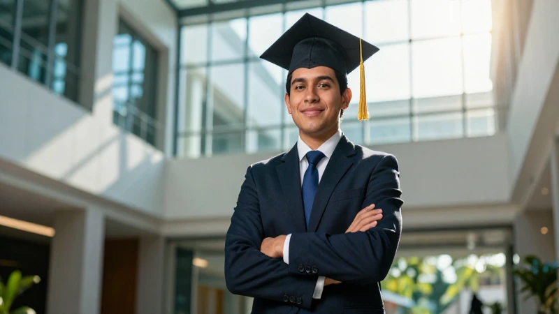Graduado mexicano en atrio universitario moderno