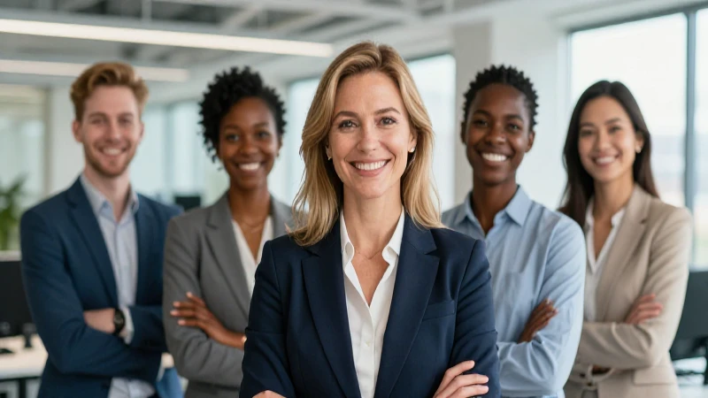 Oficina corporativa moderna con profesionales sonrientes