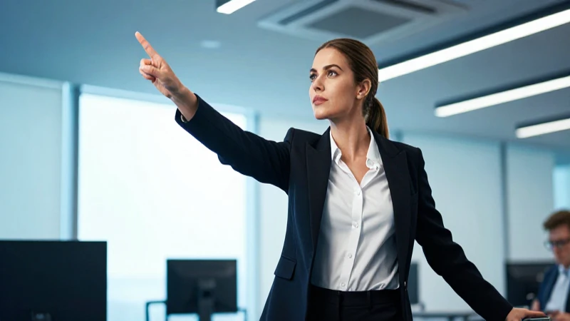 Mujer dinámica en futuro corporativo moderno y brillante
