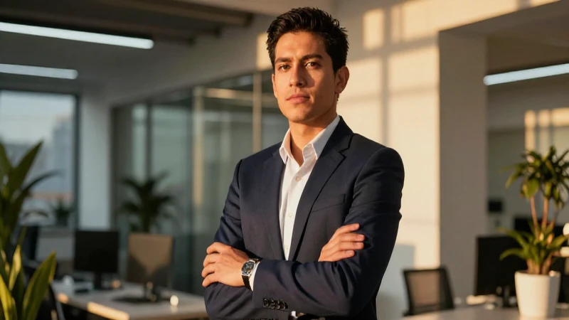 Joven profesional mexicano en ambiente corporativo dinámico