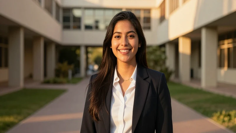 Joven mexicano profesional con sonrisa en campus moderno